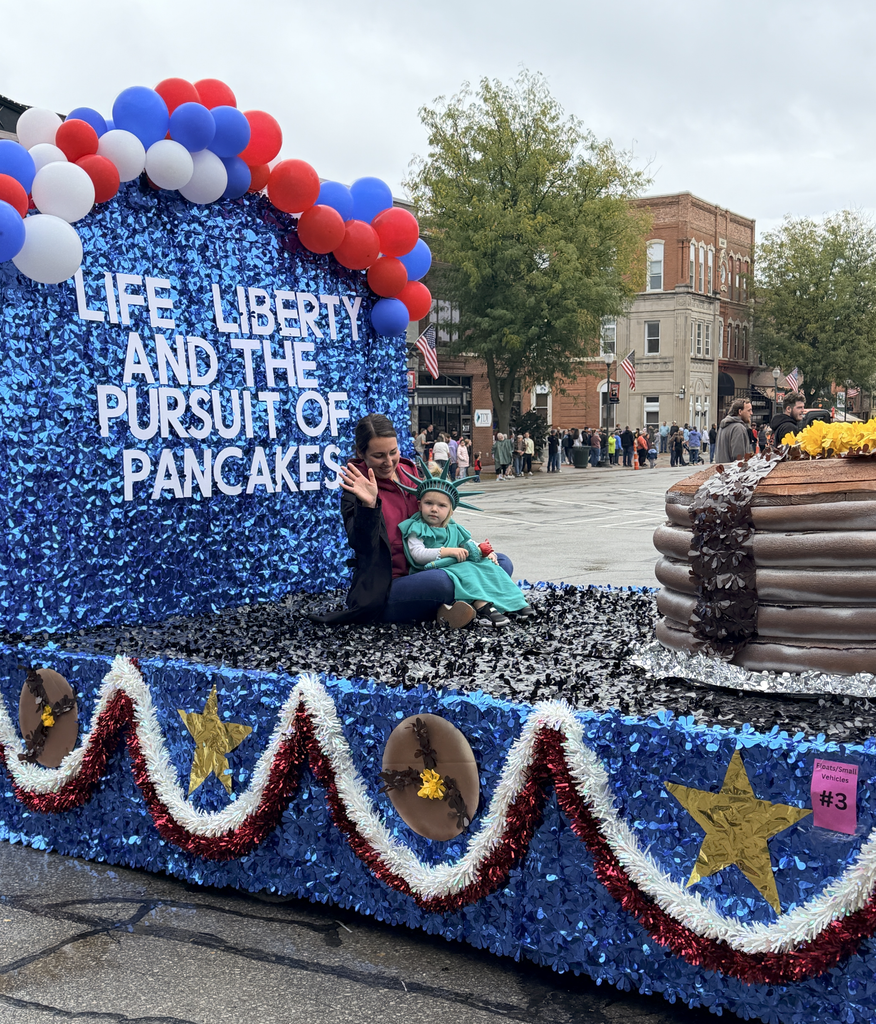 Kiddie parade float with stack of pancakes at the 2026 Pancake Day
